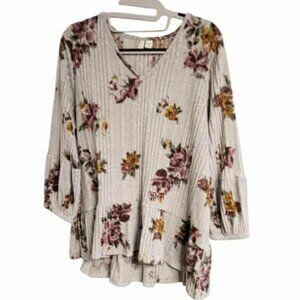 Est 1984 Sweater Top Womens Sz 18W 20W Gray Floral Peplum Cottagecore